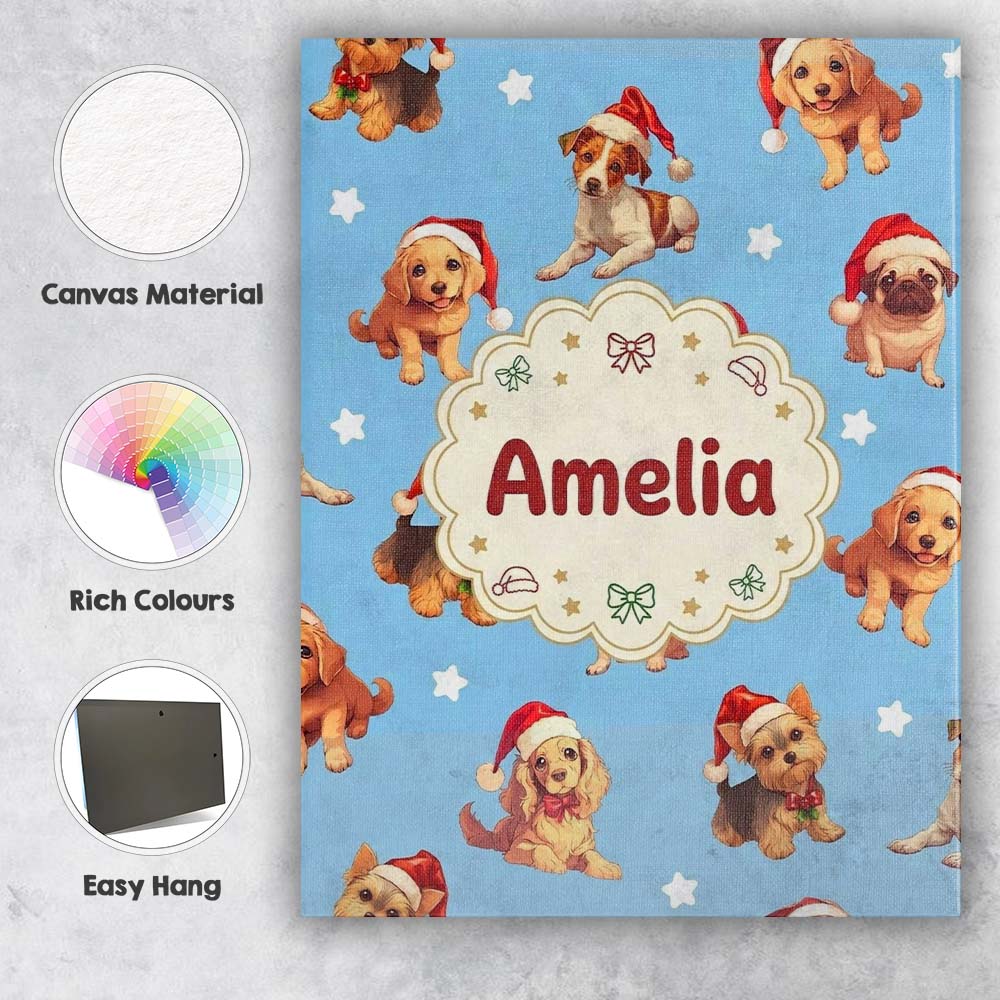 Personalised Name Cute Christmas Puppies Custom  Unique Gift Idea Elegant Feature Canvas Wall Art Print Decor Picture Ready to Hang