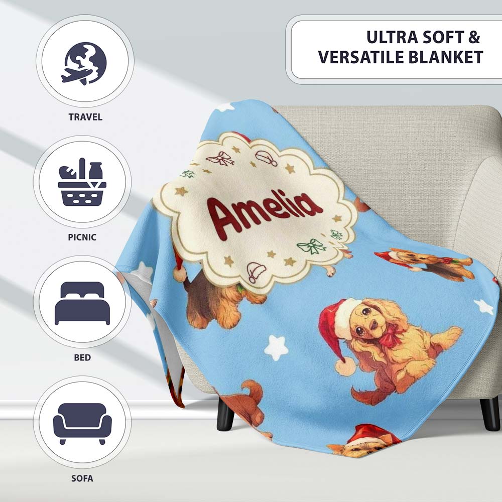 Cute Christmas Puppies Santa Hat on Sky Blue Star Background  Personalised Custom Name Super Soft Fleece Blanket Bed Sofa Throw