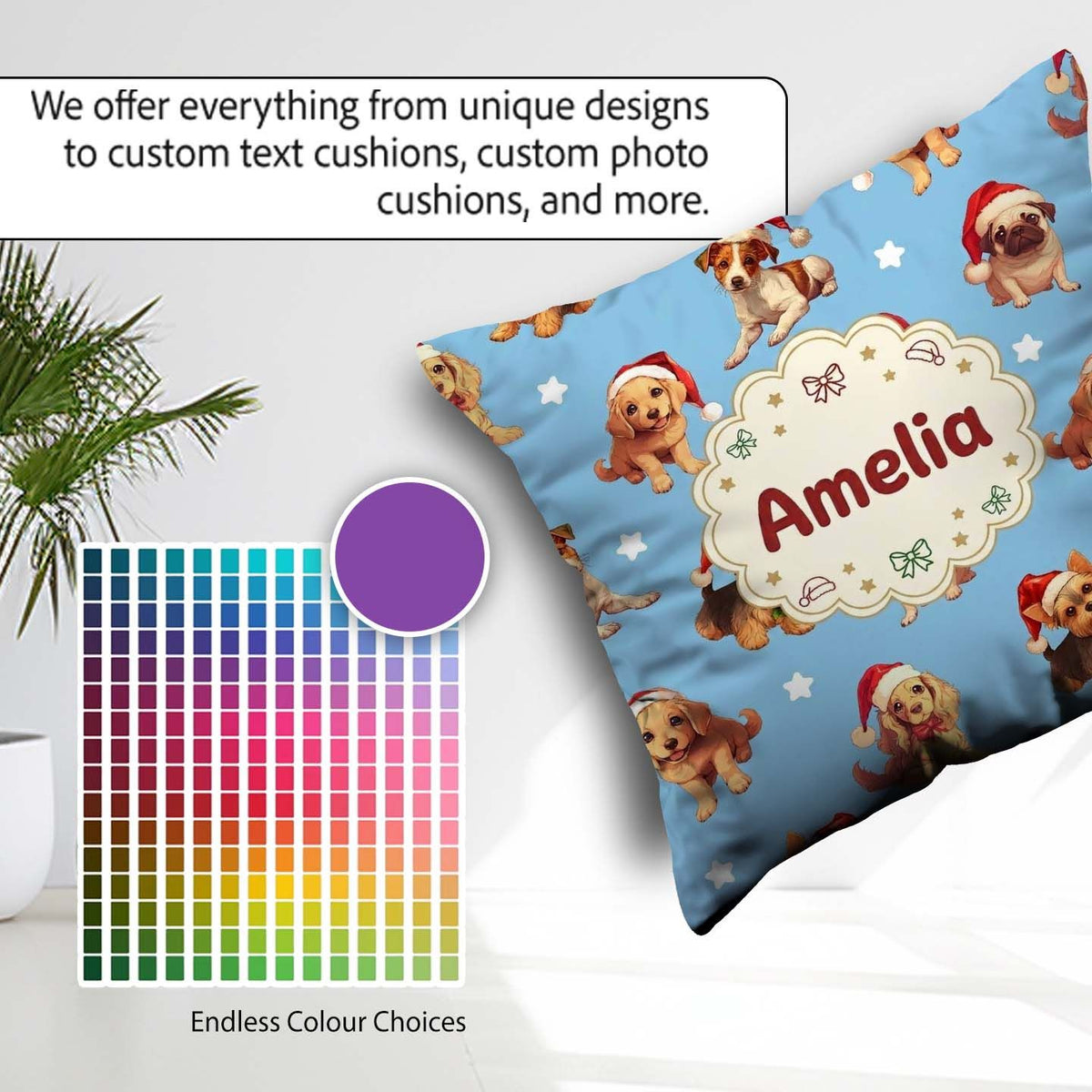 Custom Name Cute Christmas Santa Hat on Sky Blue Star Background Square Filled Cushion Throw Pillow Sofa Bed Home Decor Zip Washable UK Made