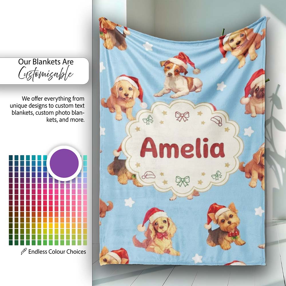 Cute Christmas Puppies Santa Hat on Sky Blue Star Background  Personalised Custom Name Super Soft Fleece Blanket Bed Sofa Throw