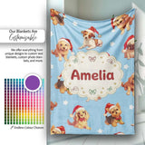 Cute Christmas Puppies Santa Hat on Sky Blue Star Background  Personalised Custom Name Super Soft Fleece Blanket Bed Sofa Throw