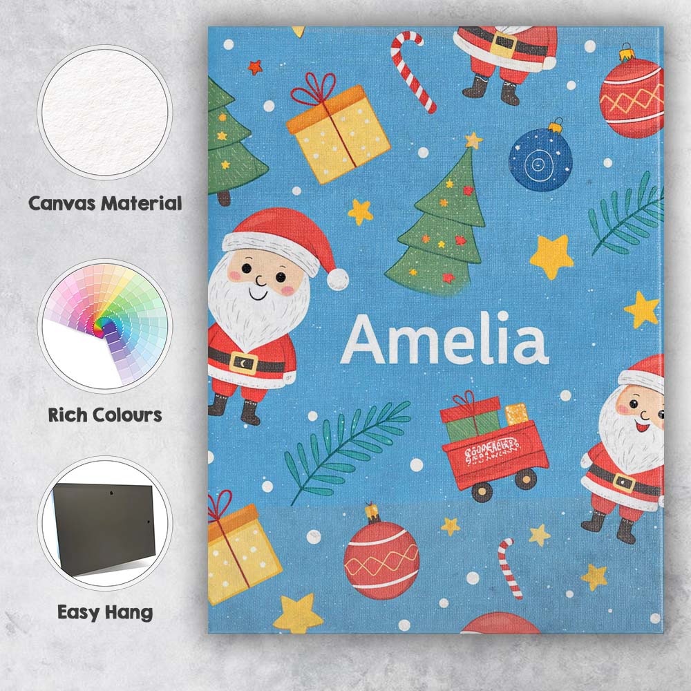 Personalised Name Cute Santa Gifts Christmas Tree Blue Festive Custom Modern Room Accent Canvas Wall Art Print Decor Picture Ready to Hang