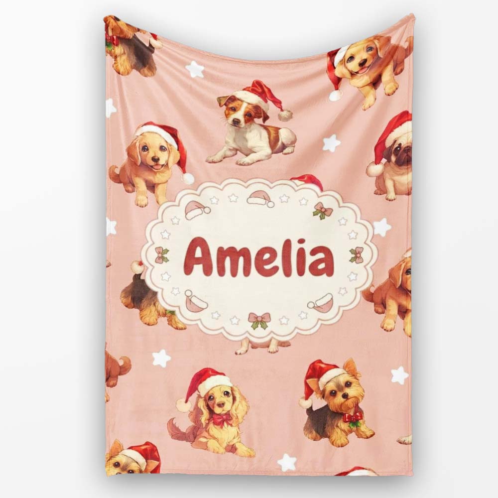 Cute Christmas Puppies Santa Hat on Soft Peach Background Seamless  Personalised Custom Name Super Soft Fleece Blanket Bed Sofa Throw