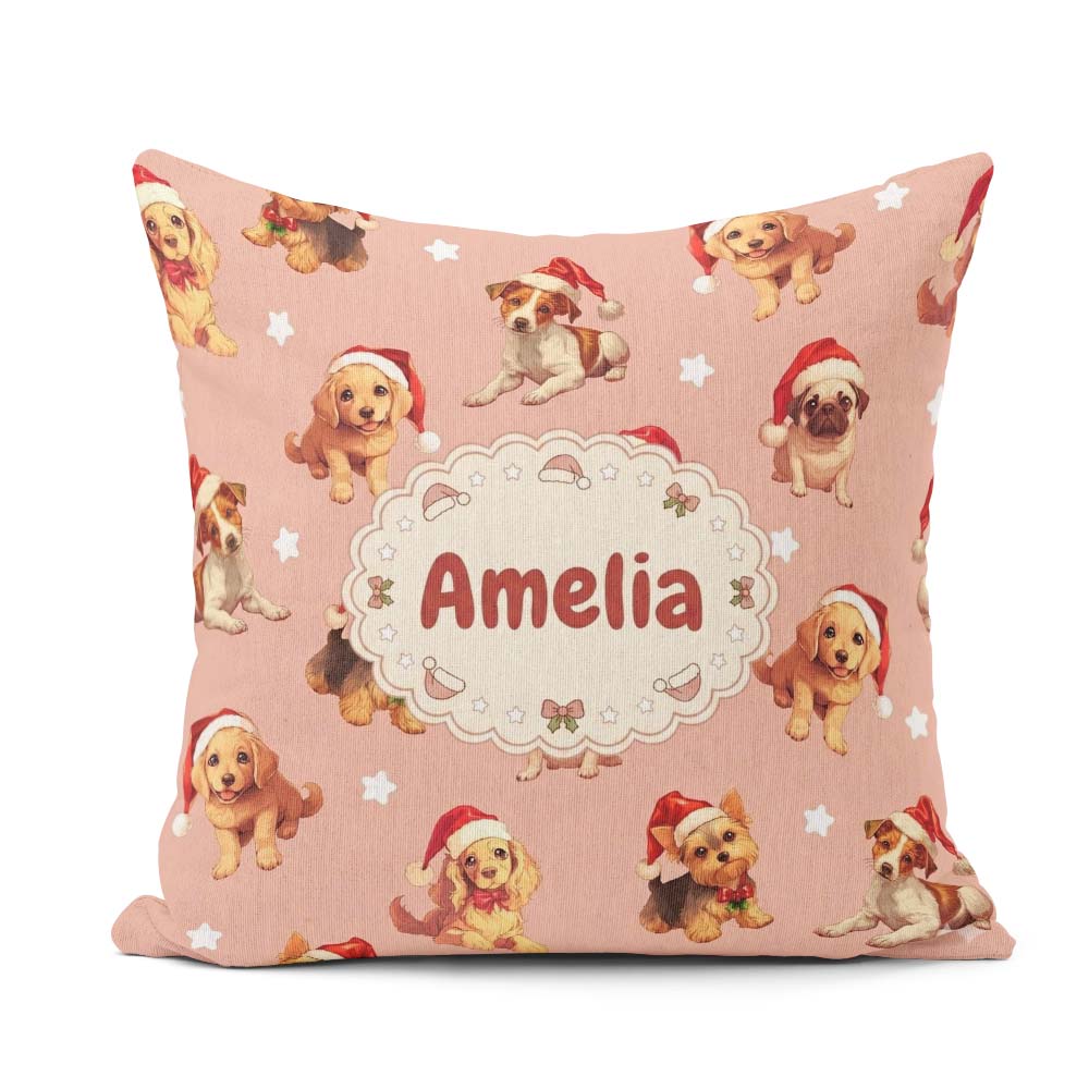 Custom Name Christmas Puppies Santa Hat on Soft Peach Background Square Filled Cushion Throw Pillow Sofa Bed Home Decor Zip Washable UK Made