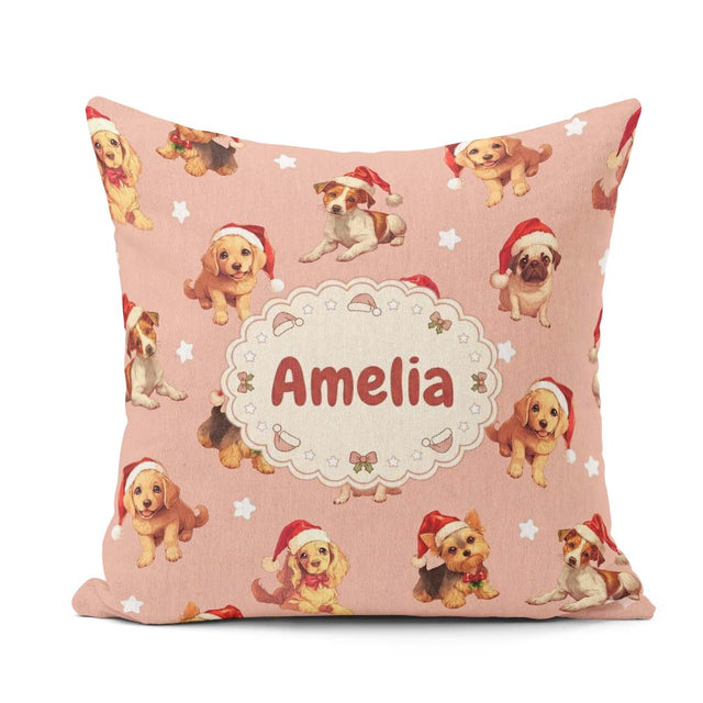 Custom Name Christmas Puppies Santa Hat on Soft Peach Background Square Filled Cushion Throw Pillow Sofa Bed Home Decor Zip Washable UK Made