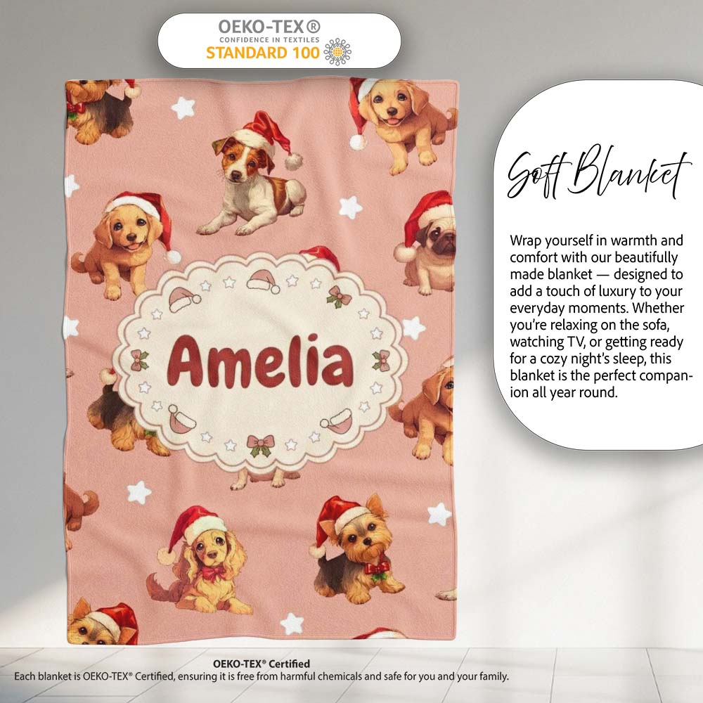 Cute Christmas Puppies Santa Hat on Soft Peach Background Seamless  Personalised Custom Name Super Soft Fleece Blanket Bed Sofa Throw