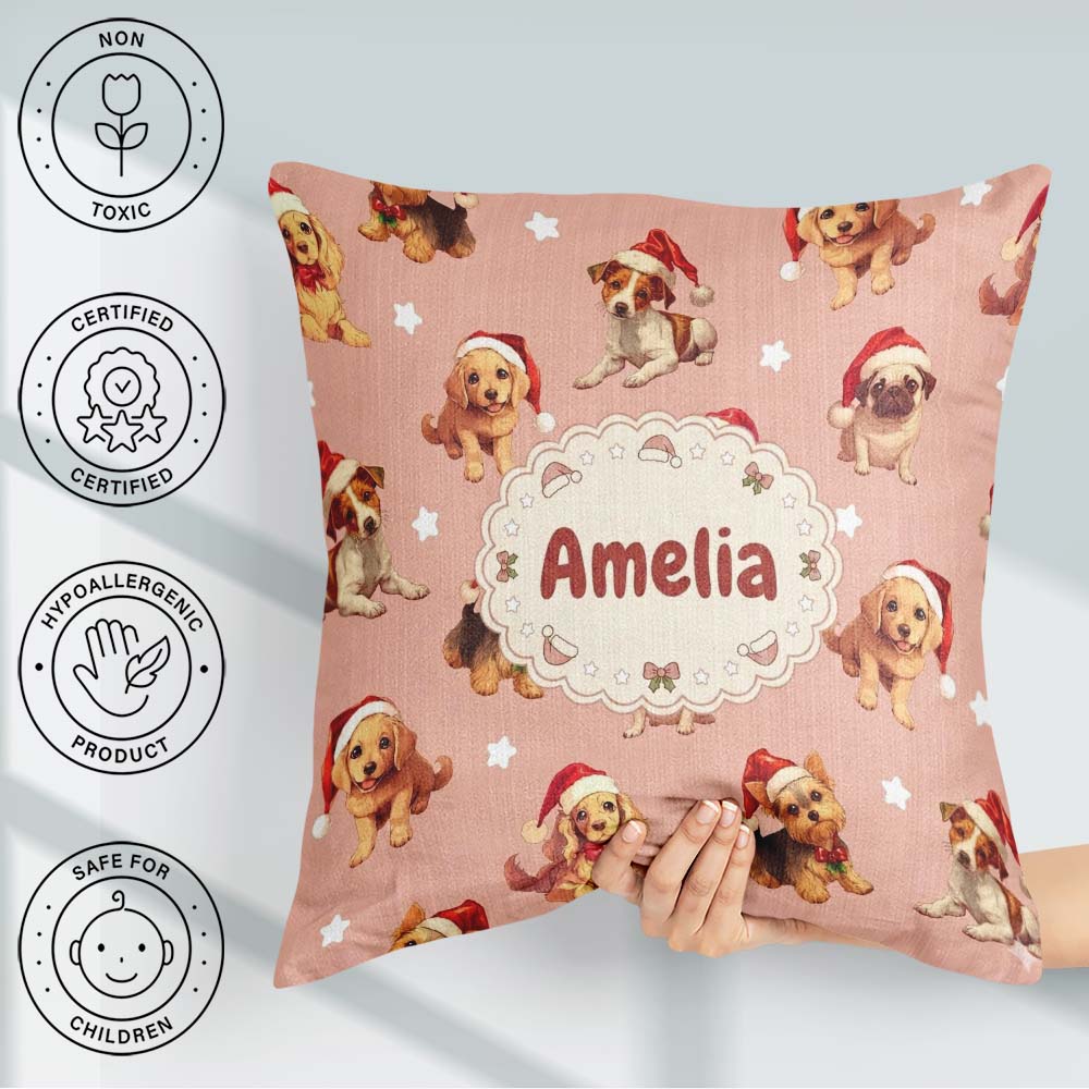 Custom Name Christmas Puppies Santa Hat on Soft Peach Background Square Filled Cushion Throw Pillow Sofa Bed Home Decor Zip Washable UK Made