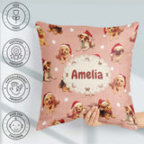 Custom Name Christmas Puppies Santa Hat on Soft Peach Background Square Filled Cushion Throw Pillow Sofa Bed Home Decor Zip Washable UK Made