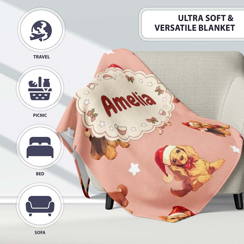 Cute Christmas Puppies Santa Hat on Soft Peach Background Seamless  Personalised Custom Name Super Soft Fleece Blanket Bed Sofa Throw