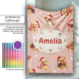 Cute Christmas Puppies Santa Hat on Soft Peach Background Seamless  Personalised Custom Name Super Soft Fleece Blanket Bed Sofa Throw