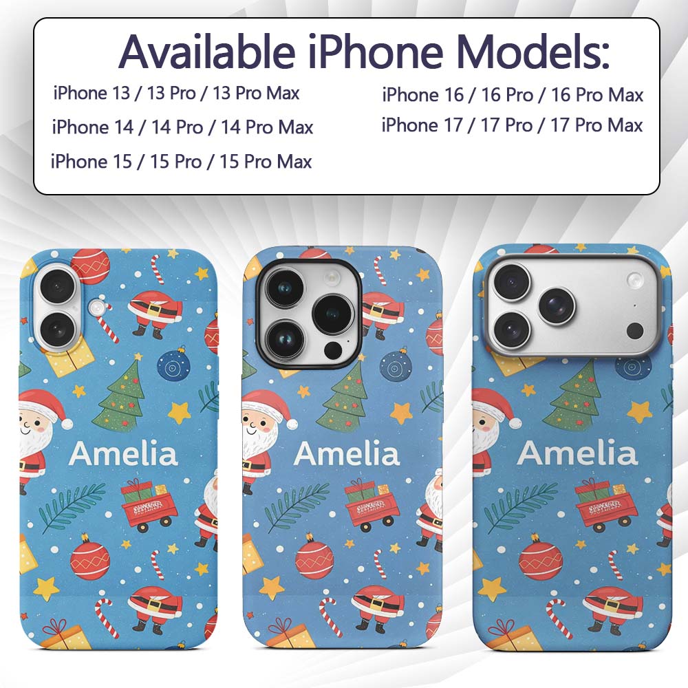 Cute Santa Gifts Christmas Tree Blue Festive Custom Name Protective Phone Case Mobile Cover Durable Everyday Smartphone Shock Resistant