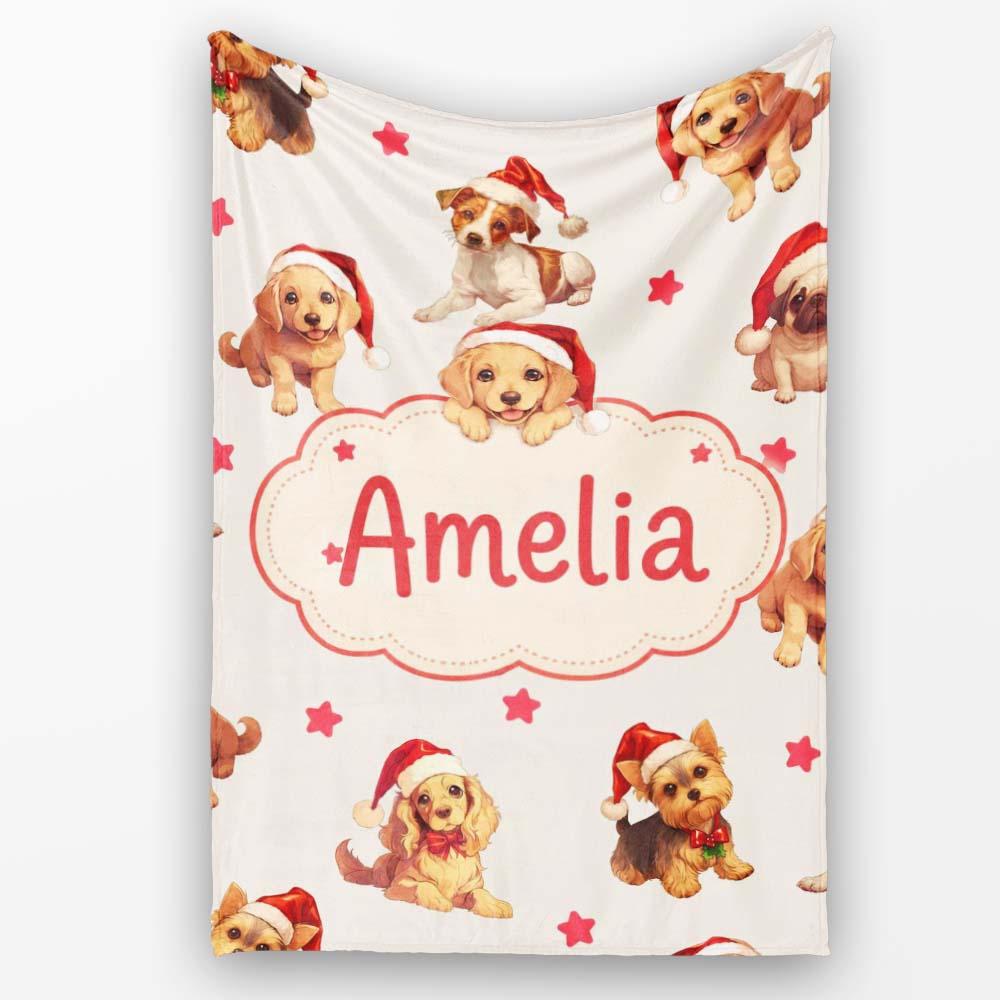Cute Christmas Puppies Santa Hat on Light Cream Background Seamless  Personalised Custom Name Super Soft Fleece Blanket Bed Sofa Throw