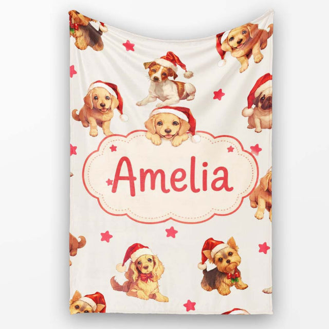 Cute Christmas Puppies Santa Hat on Light Cream Background Seamless  Personalised Custom Name Super Soft Fleece Blanket Bed Sofa Throw
