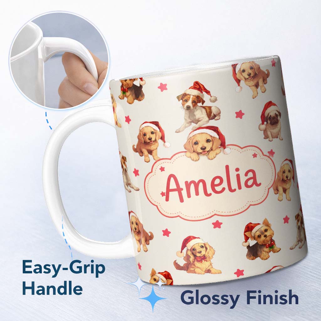 Personalized Custom Name Cute Christmas Puppies Santa Hat on Light Cream Background Seamless 11oz Ceramic Coffee Tea Mug White Large Handle