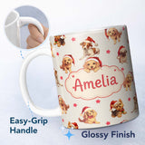 Personalized Custom Name Cute Christmas Puppies Santa Hat on Light Cream Background Seamless 11oz Ceramic Coffee Tea Mug White Large Handle