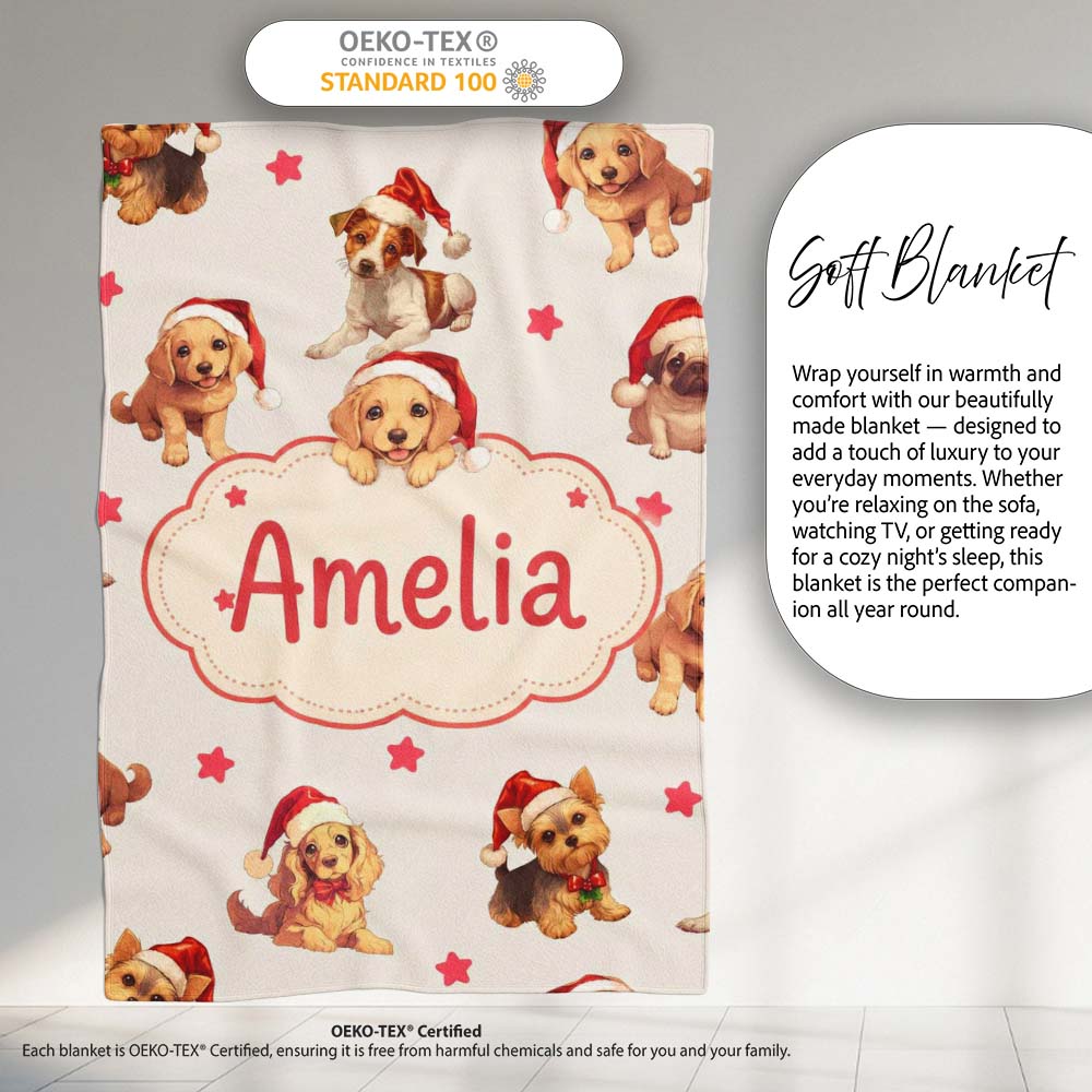 Cute Christmas Puppies Santa Hat on Light Cream Background Seamless  Personalised Custom Name Super Soft Fleece Blanket Bed Sofa Throw