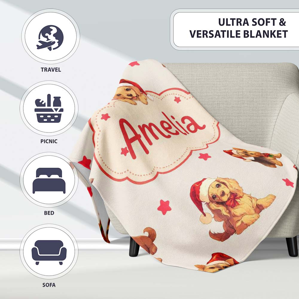 Cute Christmas Puppies Santa Hat on Light Cream Background Seamless  Personalised Custom Name Super Soft Fleece Blanket Bed Sofa Throw