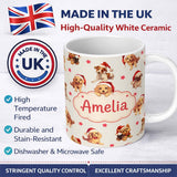 Personalized Custom Name Cute Christmas Puppies Santa Hat on Light Cream Background Seamless 11oz Ceramic Coffee Tea Mug White Large Handle
