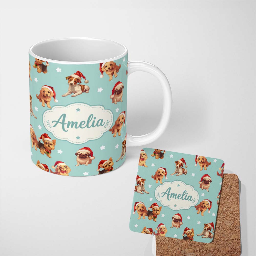 Personalized Custom Name Cute Christmas Puppies Santa Hat on Mint Green Background Seamless 11oz Ceramic Coffee Tea Mug White Large Handle