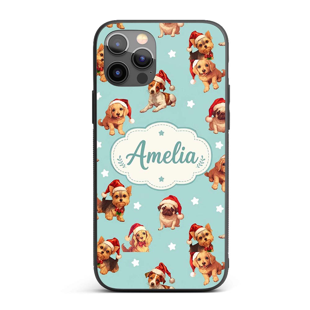 Cute Christmas Puppies Santa Hat on Mint Green Custom Name Protective Phone Case Mobile Cover Durable Everyday Smartphone Shock Resistant