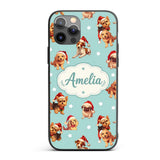 Cute Christmas Puppies Santa Hat on Mint Green Custom Name Protective Phone Case Mobile Cover Durable Everyday Smartphone Shock Resistant