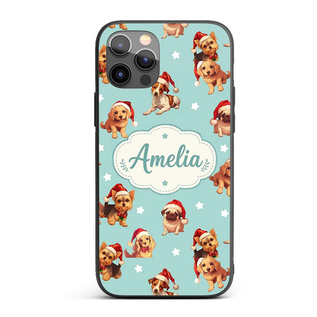Cute Christmas Puppies Santa Hat on Mint Green Custom Name Protective Phone Case Mobile Cover Durable Everyday Smartphone Shock Resistant