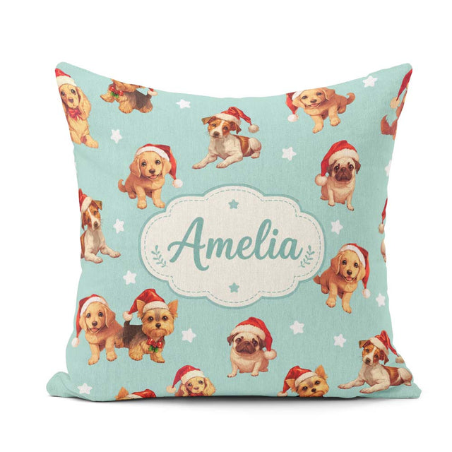 Custom Name Christmas Puppies Santa Hat on Mint Green Background Square Filled Cushion Throw Pillow Sofa Bed Home Decor Zip Washable UK Made