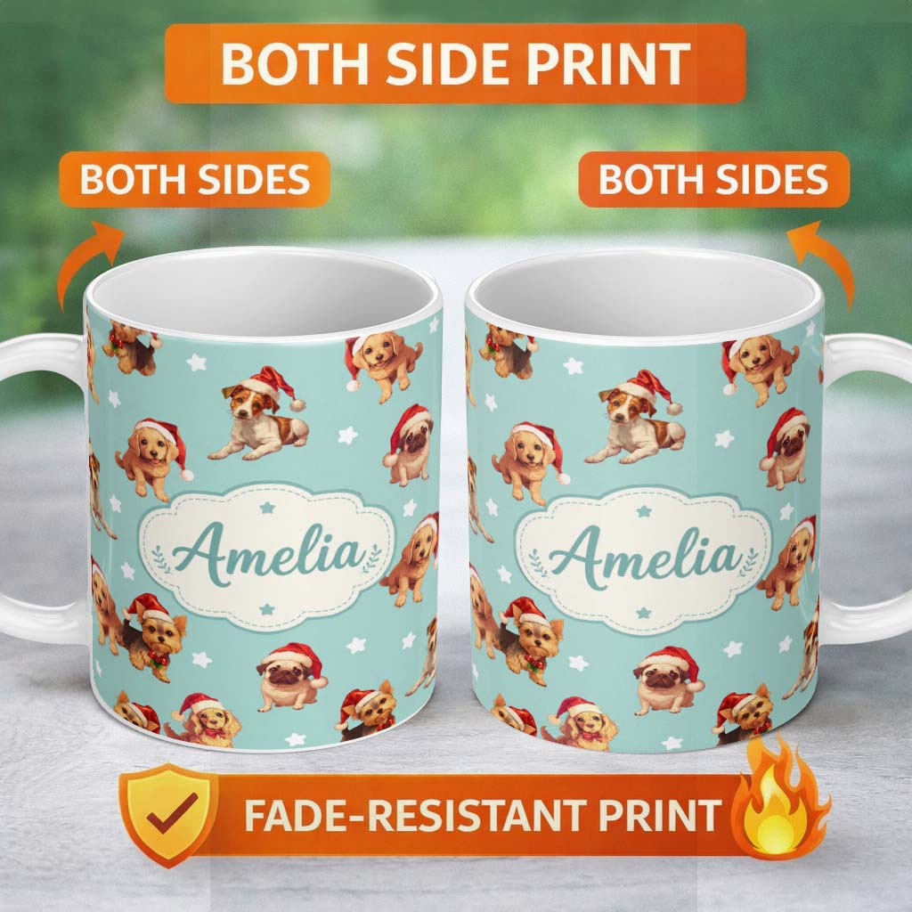 Personalized Custom Name Cute Christmas Puppies Santa Hat on Mint Green Background Seamless 11oz Ceramic Coffee Tea Mug White Large Handle