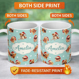 Personalized Custom Name Cute Christmas Puppies Santa Hat on Mint Green Background Seamless 11oz Ceramic Coffee Tea Mug White Large Handle