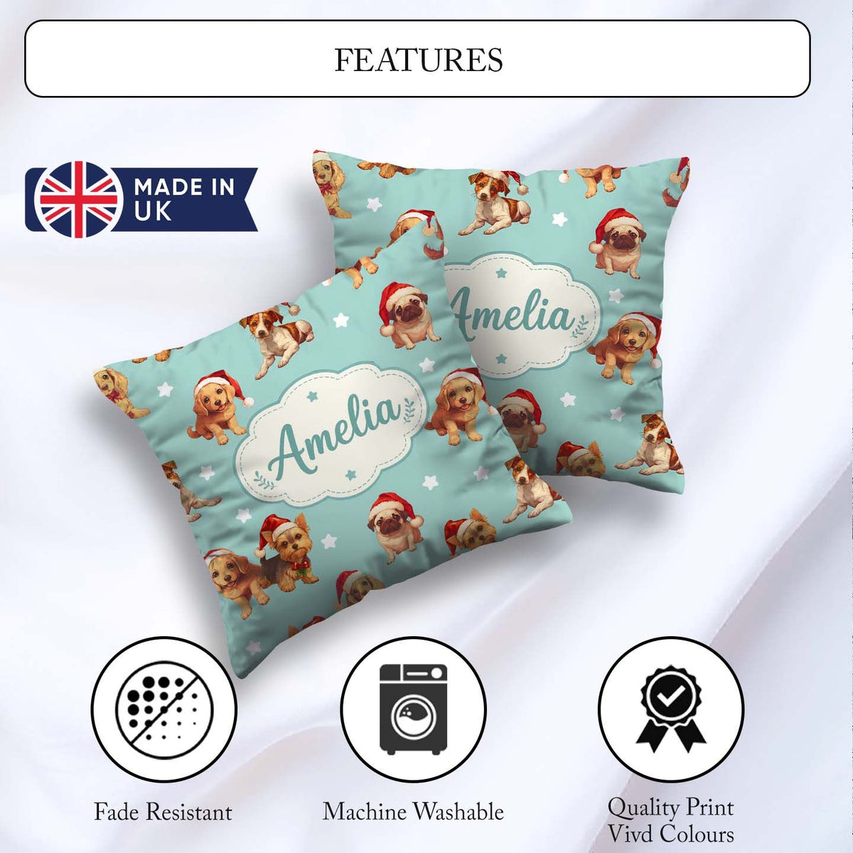 Custom Name Christmas Puppies Santa Hat on Mint Green Background Square Filled Cushion Throw Pillow Sofa Bed Home Decor Zip Washable UK Made