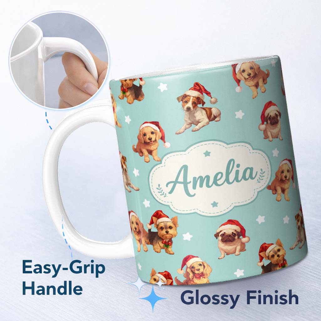 Personalized Custom Name Cute Christmas Puppies Santa Hat on Mint Green Background Seamless 11oz Ceramic Coffee Tea Mug White Large Handle
