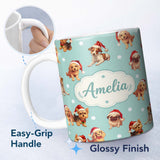 Personalized Custom Name Cute Christmas Puppies Santa Hat on Mint Green Background Seamless 11oz Ceramic Coffee Tea Mug White Large Handle