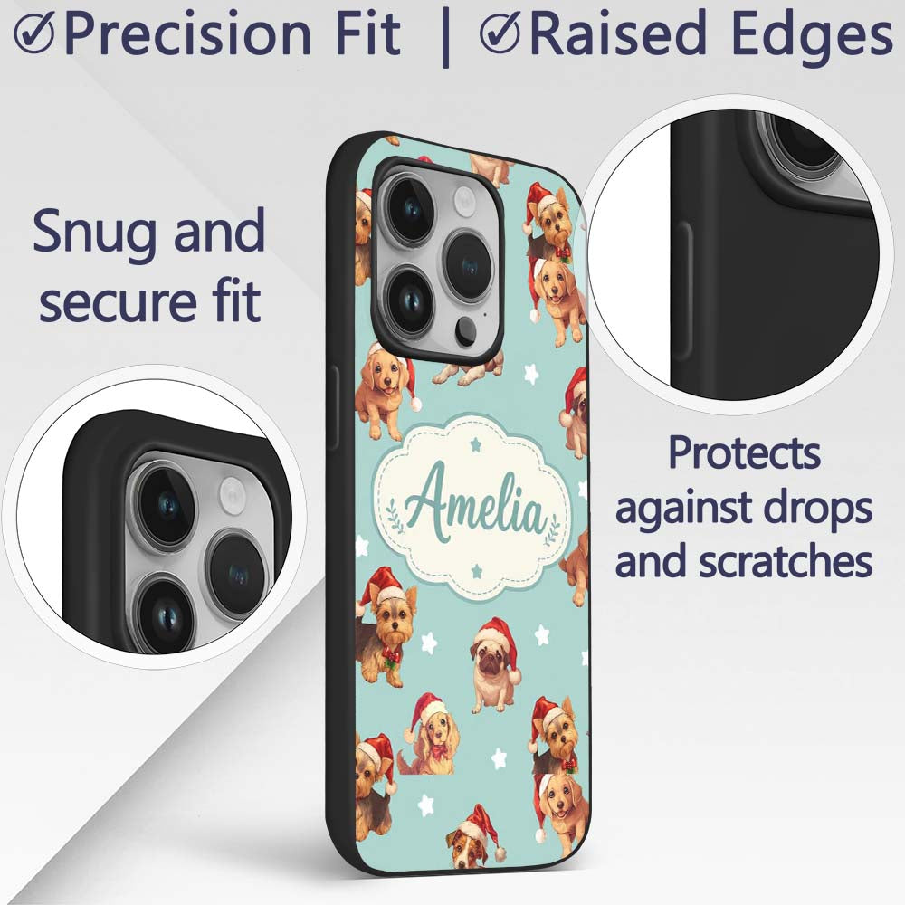 Cute Christmas Puppies Santa Hat on Mint Green Custom Name Protective Phone Case Mobile Cover Durable Everyday Smartphone Shock Resistant