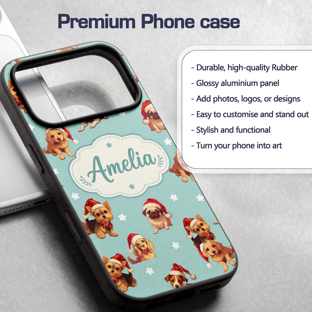 Cute Christmas Puppies Santa Hat on Mint Green Custom Name Protective Phone Case Mobile Cover Durable Everyday Smartphone Shock Resistant