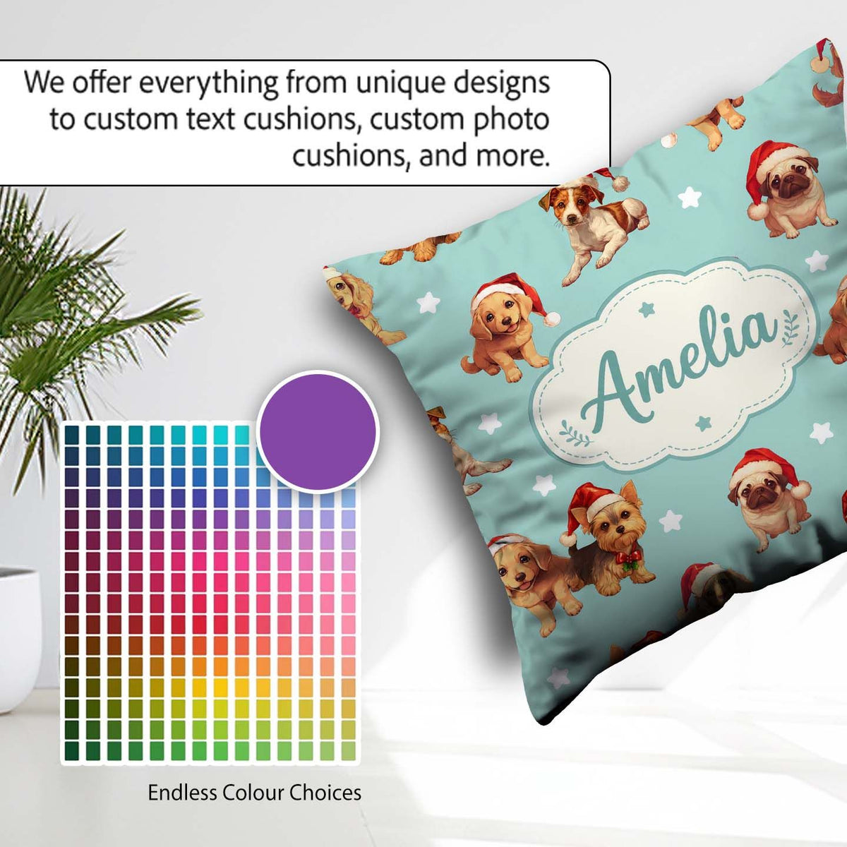 Custom Name Christmas Puppies Santa Hat on Mint Green Background Square Filled Cushion Throw Pillow Sofa Bed Home Decor Zip Washable UK Made