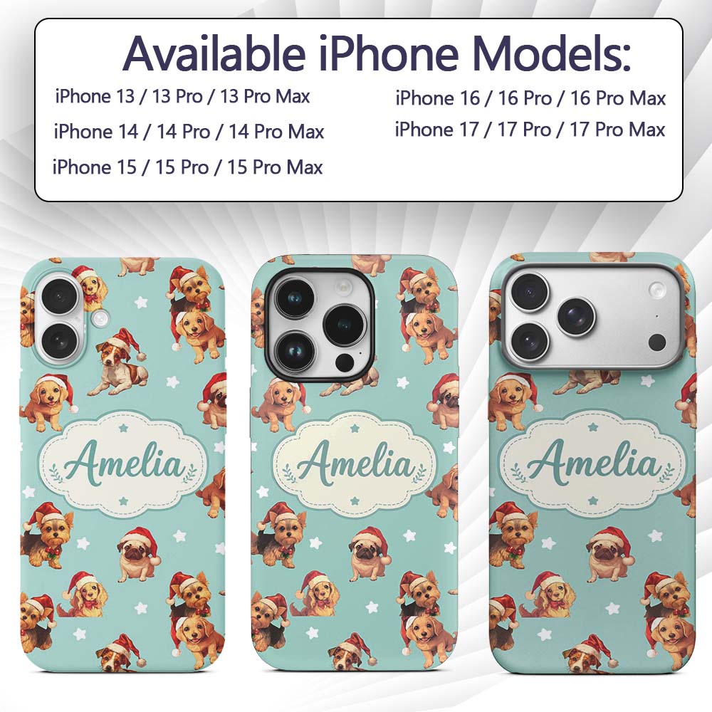 Cute Christmas Puppies Santa Hat on Mint Green Custom Name Protective Phone Case Mobile Cover Durable Everyday Smartphone Shock Resistant