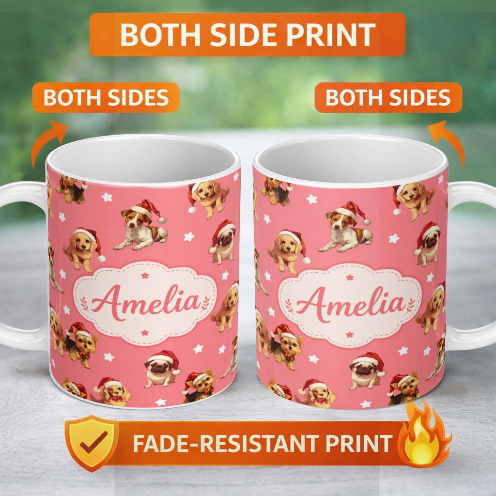 Personalized Custom Name Cute Christmas Puppies Santa Hat on Warm Coral Pink Background 11oz Ceramic Coffee Tea Mug White Large Handle