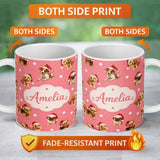 Personalized Custom Name Cute Christmas Puppies Santa Hat on Warm Coral Pink Background 11oz Ceramic Coffee Tea Mug White Large Handle