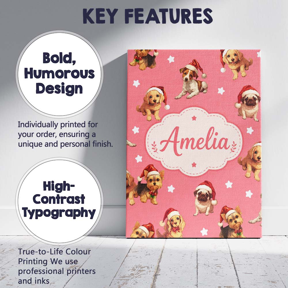 Personalised Name Cute Christmas Puppies Custom  Unique Gift Idea Elegant Feature Canvas Wall Art Print Decor Picture Ready to Hang