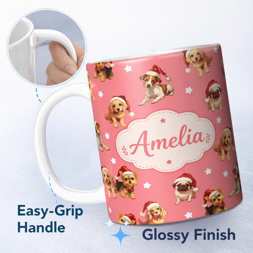 Personalized Custom Name Cute Christmas Puppies Santa Hat on Warm Coral Pink Background 11oz Ceramic Coffee Tea Mug White Large Handle