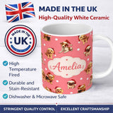 Personalized Custom Name Cute Christmas Puppies Santa Hat on Warm Coral Pink Background 11oz Ceramic Coffee Tea Mug White Large Handle