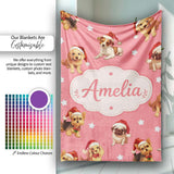 Cute Christmas Puppies Santa Hat on Warm Coral Pink Background  Personalised Custom Name Super Soft Fleece Blanket Bed Sofa Throw