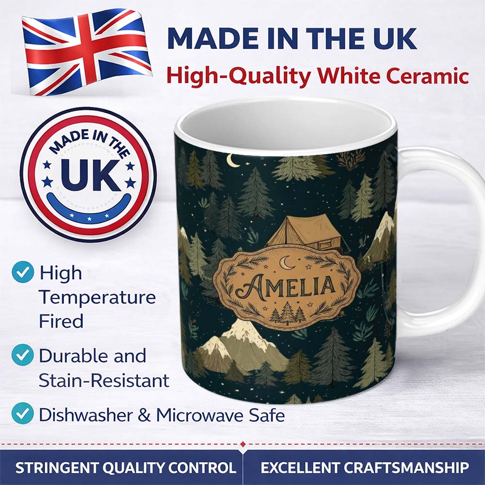 Personalized Custom Name Night Forest Camping Tent Scenic Seamless Pattern Cute Unique Gift 11oz Ceramic Coffee Tea Mug White Large Handle