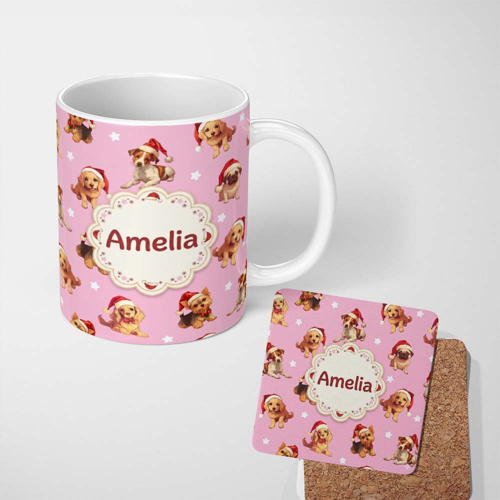 Personalized Custom Name Cute Christmas Puppies Santa Hat on Dusty Pink Background Seamless 11oz Ceramic Coffee Tea Mug White Large Handle