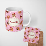 Personalized Custom Name Cute Christmas Puppies Santa Hat on Dusty Pink Background Seamless 11oz Ceramic Coffee Tea Mug White Large Handle