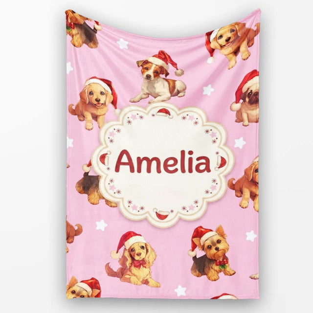 Cute Christmas Puppies Santa Hat on Dusty Pink Background Seamless  Personalised Custom Name Super Soft Fleece Blanket Bed Sofa Throw