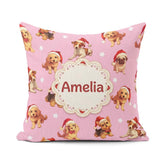 Custom Name Christmas Puppies Santa Hat on Dusty Pink Background Square Filled Cushion Throw Pillow Sofa Bed Home Decor Zip Washable UK Made