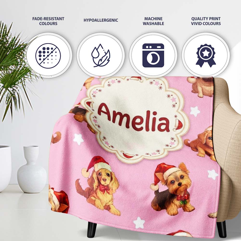 Cute Christmas Puppies Santa Hat on Dusty Pink Background Seamless  Personalised Custom Name Super Soft Fleece Blanket Bed Sofa Throw