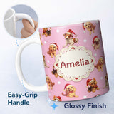 Personalized Custom Name Cute Christmas Puppies Santa Hat on Dusty Pink Background Seamless 11oz Ceramic Coffee Tea Mug White Large Handle