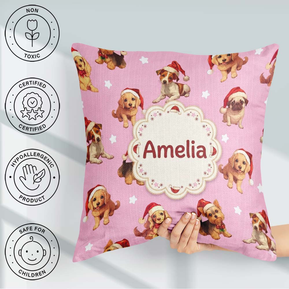 Custom Name Christmas Puppies Santa Hat on Dusty Pink Background Square Filled Cushion Throw Pillow Sofa Bed Home Decor Zip Washable UK Made